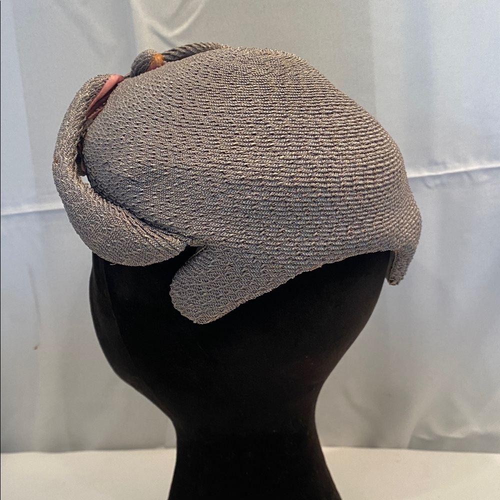 Vintage 1940s/50s Women's Silver Textured Knit Hat Cap Beret Straw, Karen Design - Picture 3 of 6
